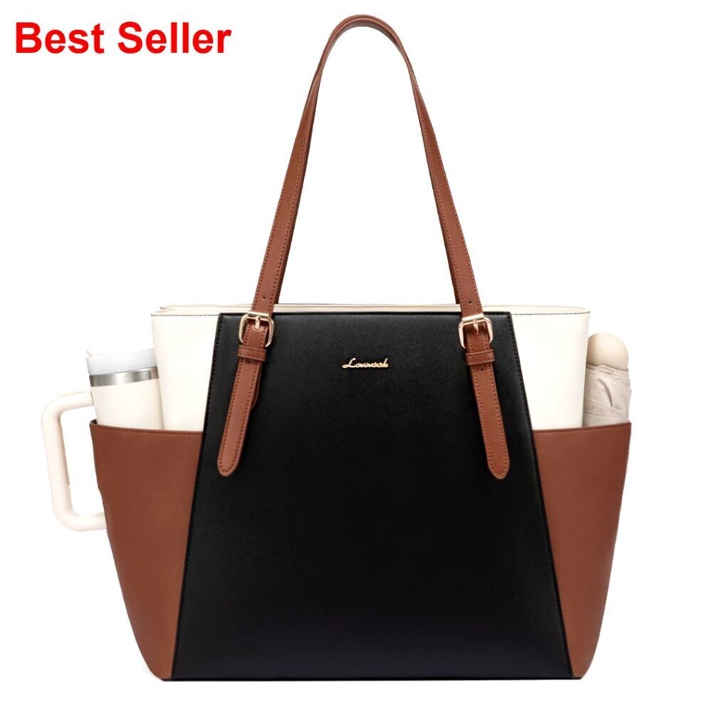 Leather Laptop Tote Bag with Cup Holder, 15.6 Inch Professional Briefcase